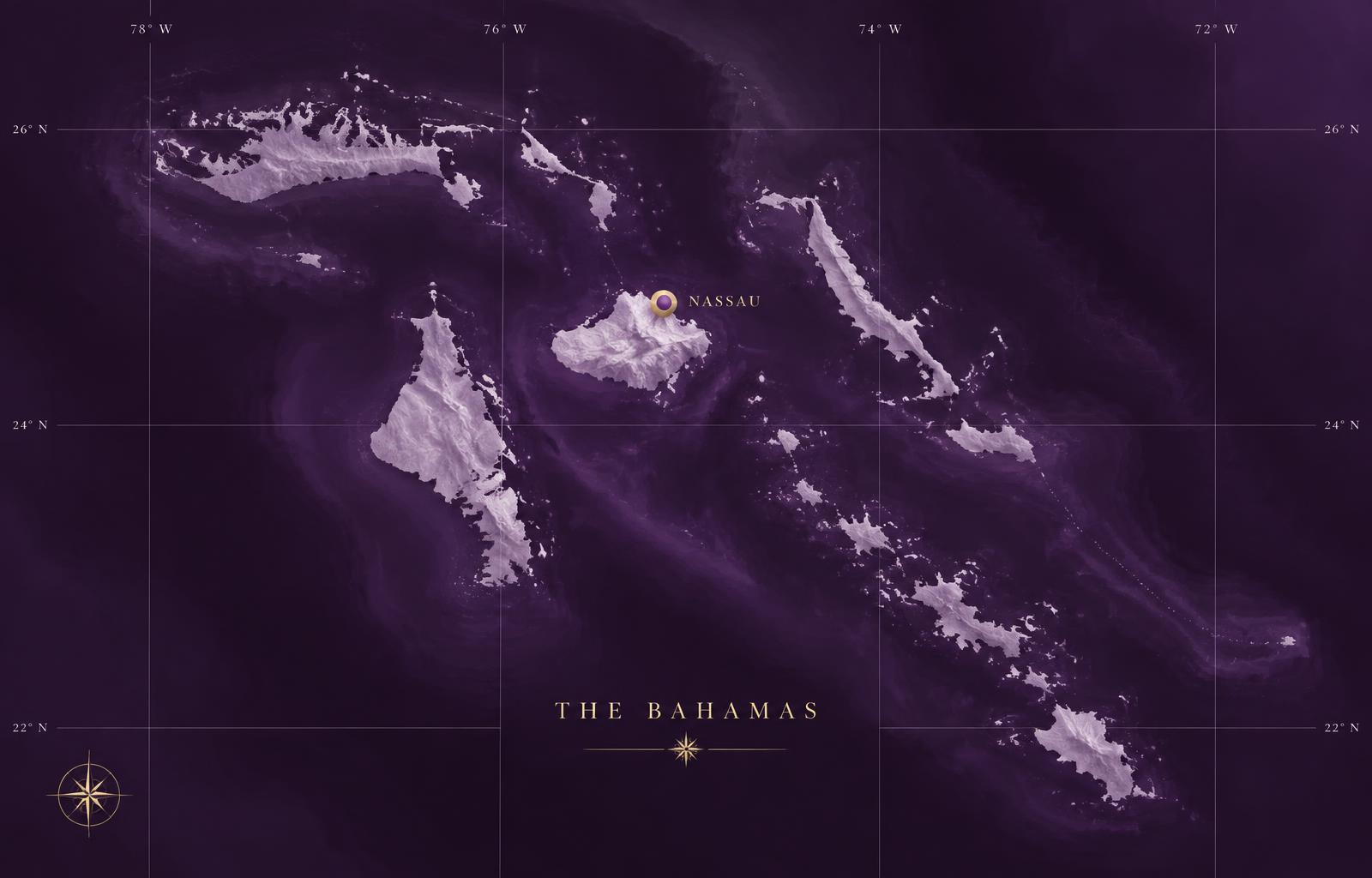 Stylized map of The Bahamas with Nassau highlighted
